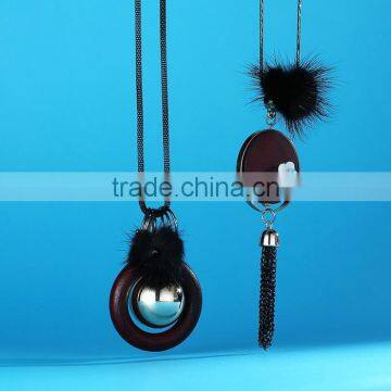 Silver Ball Wood Hoop Pompon Pendant Necklace Korea Retro Long Sweater Necklace Autumn Geometric Necklace photo-2