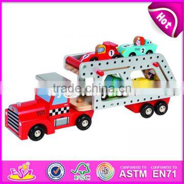 2017 New design funny children wooden toy trucks and trailers with 4 small cars W04A339