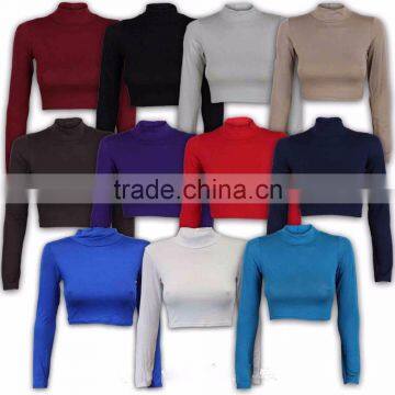 Long Sleeve Crop Top Womens T shirt Mini Cropped Polo Turtle Neck Plain Long Vest Custom Crop Top