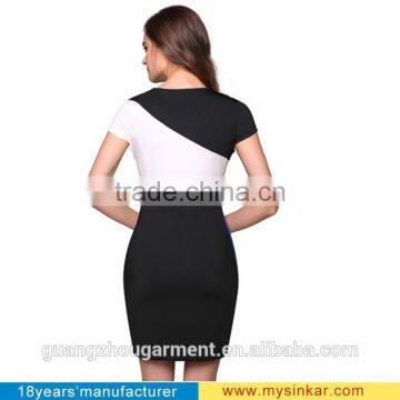 Ladies Women Cap Sleeve Patchwork Contrast Color Stretch Bodycon O-neck Package Hip Casual Party Slim Dress S-3XL photo-4