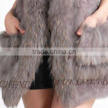 CX-G-B-203 Long Genuine Ladies Rabbit Fur Vest With Racoon Fur Trim ~ Casual Wear photo-6