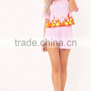 Custom Design Women Flame Print Baby Pink PJ Set Cotton Short Pajamas Summer Nightwear photo-5