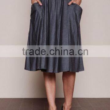 MGOO Elegant Hot Sale Black Midi Skirt With Pockets Fashion OEM African Skirts Chambray Flare Dress photo-4