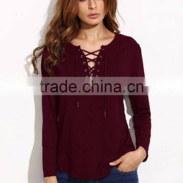 WOMEN'S APPAREL Burgundy Lace Up Long Sleeve T-shirt