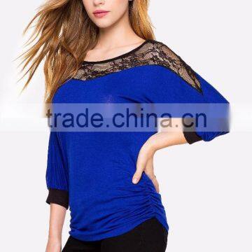 3/4Sleeve Contrast Trims Lacey Yoke Lady Blouses for Women Summer 2015 photo-3