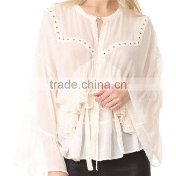 2017 OEM Lightweight Lace Trim Hem Wrapped Body Chiffon Blouse photo-2