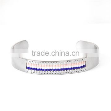 Titanium Steel Seed Beads Open Cuff Bangles Bracelets Silver Tone White & Blue