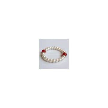 Fashion Stretched Freshwater Pearl and Red Gemstones Bracelet