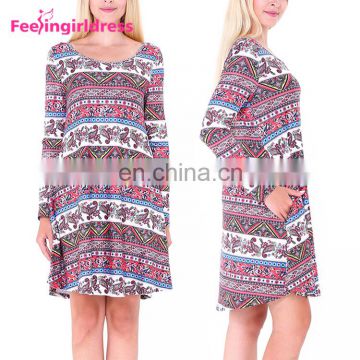 Free Samples Black Print Long Sleeve One Piece Dress Of Knee Length Casual Dress