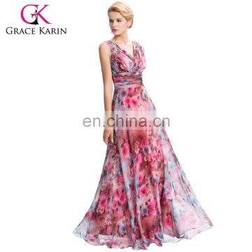 Grace Karin New Sleeveless V-Neck Floral Pattern Chiffon Long Bridesmaid Dress GK000058-1