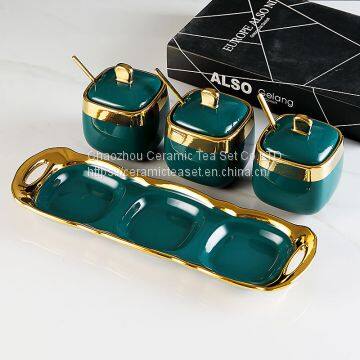 Light Luxury Dark Green Household Ceramic Seasoning Bottle Set of Five photo-5