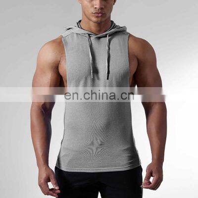 custom 100%cotton Men's Fitness Hooded Sleeveless Sweater Cotton European Code Solid Color Sleeveless Hooded T-shirt Wholesale