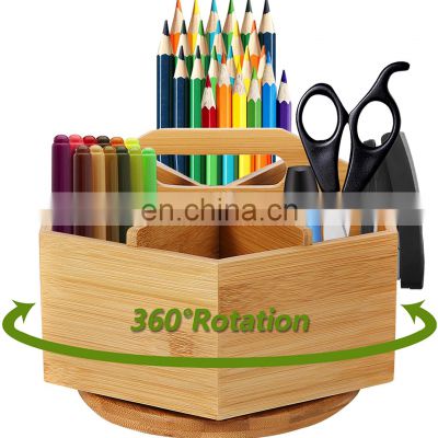 Rotating Pencil Pen Holder with 6 Compartments Bamboo Art Supply Organizer Office Supplies Desktop Storage Caddy with handle