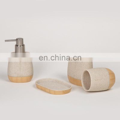 European style bamboo  polyresin bathroom accessories soap dispenser set