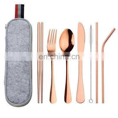 8PCS Stainless Steel Travel Camping Travel Tableware Spoon Fork Chopsticks Straw Portable Gold Cutlery Set with Bag