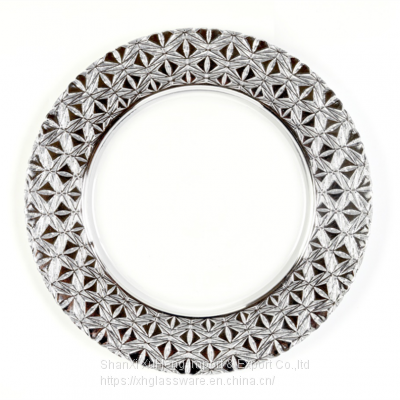 Modern Tableware 13 Inches Silver Edged Luxury Glass Charger Plates For Catering Party Decoration