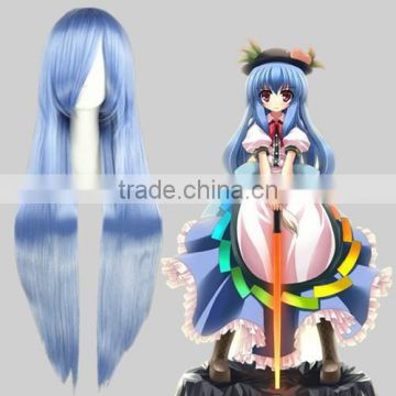 High Quality 100cm Long Straight Touhou Project-Hinanawi Tenshi Light Blue Synthetic Anime Wig Cosplay Hair Wig Party Wig