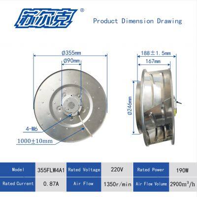 High Efficiency 355mm Sheet Aluminium Impeller Backward Curved Centrifugal Fan photo-2