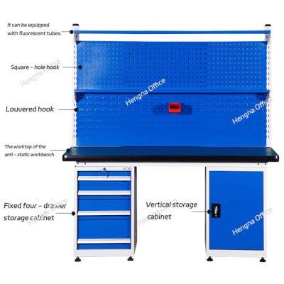 Commercial Grade Machine Shop Workbench: Welded Steel Frame, High Load Drawers, and Configurable Pegboard for Electronics Manufacturing.