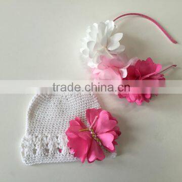 crochet baby cotton hat with decoration flowers and flower baby headband