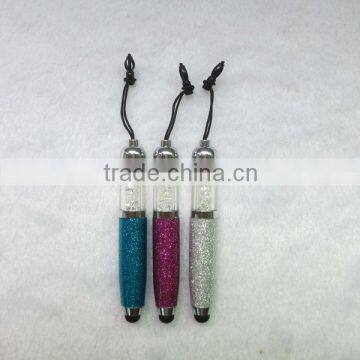 glitter pu leather stylus touch pen with crystal in the transparent tube