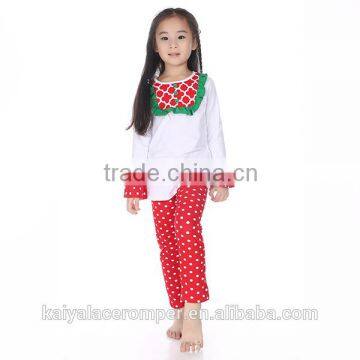 2015 baby girls red & green bib ruffle top and red polk dot pants set,christmas outfits for kids