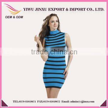 2016 Fashion Tight Slimming Party Dress Wholesale Sexy High Neck Collar Stripes Sleeveless Skirts Casual Elegant Wedding Dress