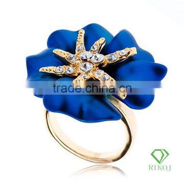 18k yellow gold plating austrian crystal blue flower rings