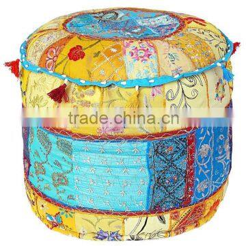 RTHPF-17 Home Furnishing khambadia Patchwork embroidered Round ottomans Poufs Supplier Manufacturer Cotton Filling