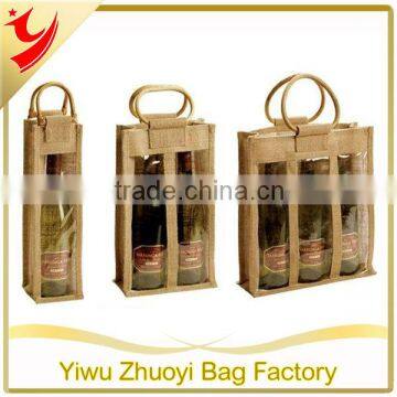 Promotional Wicker handle Jute fabric wine bottle bags