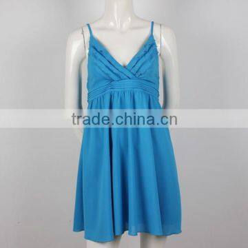 2015 women clothing straps blue pleated chiffon oem latest dress designs