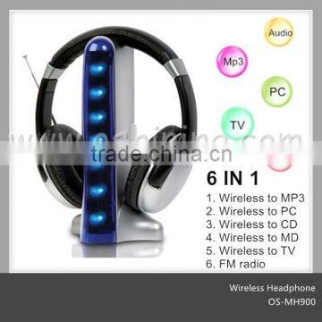 Fashion design 6 in 1 wireless headphone uesed to MP3 player, PC, CD player, tv(OS-MH900)