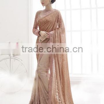 Almond Peach Emboss Velvet On Net Saree