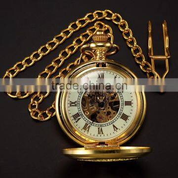 Fashion Skeleton Gold Case Roman Dial Mens Mechanical Pocket Watch photo-6