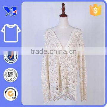 Sexy V neckline pure crochet loosely long sleeves relaxed fit cotton t-shirt