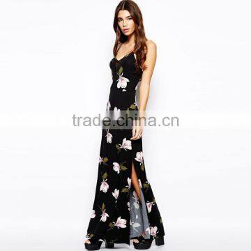 Ladies Summer Sleeveless Classic Floral Print Deep V-neck Back Open Sexy Halt Fitted Long Sexy Split Maxi Dress