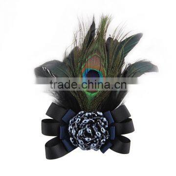 Vintage Peacock Feather Hairpin Accessory Dual Handmade Fabric Rose Pin Corsage Brooch for Women photo-2