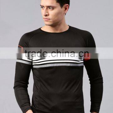 Black Striped Round Neck Rapid Dry T-Shirt Striped Style Waist Length Tee Round Neck Long Sleeves Anti-Microbial Moisture Sport photo-2