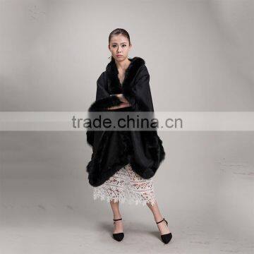 Myfur Fashion Style Women Black Color Cashmere Poncho With Fox Fur Trim Cape/Shawl photo-5