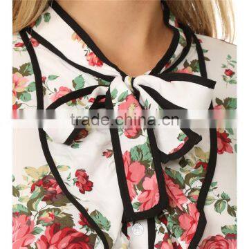 2017 Latest Long Sleeve Spring Fashion Ladies Floral Tie Neck Blouse photo-5
