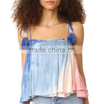 Hot Sleeveless Tie Dye Tassel Straps 2017 Blouse Women Summer photo-2