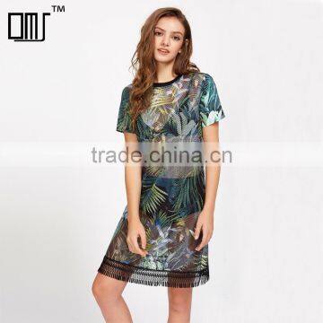 WOMEN sexy short shirt dress, printed and mesh design black dress