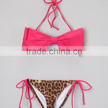 New Style Girl Beachwear With Hot Pink And Leopard Bow Bandeau Bikini Girl Swimsuit Kids Wear G-NP-TR905-329