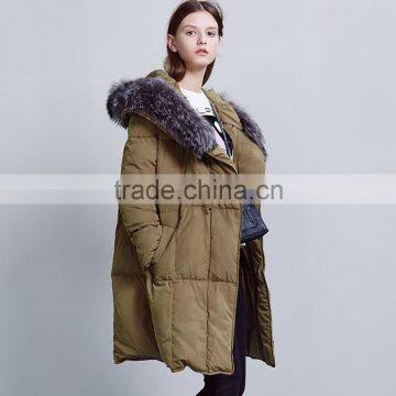 Women's green loose fit zipper-up down jacket/coat/wear with fur collar