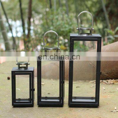 Modern Simple Glass Lantern Metal Lantern Set Windproof Portable Hurricane Lamp For Outdoor Decoration