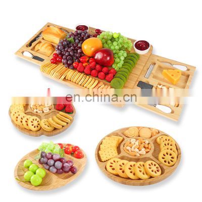 Bamboo Cheese Board Round Serving Tray 100% Natural With Cutlery Set