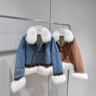 Fox fur sheepskin retro handmade buckle goose down inner lining splicing denim fur coat for women