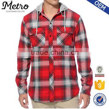 Fashion Wholesale Mens Hooded Red Plaid Flannel Shirts