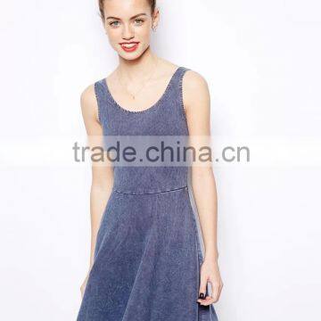 2015 fashion Hot Blue O-Neck Sleeveless Elastic Denim Dress plus size jean dresses