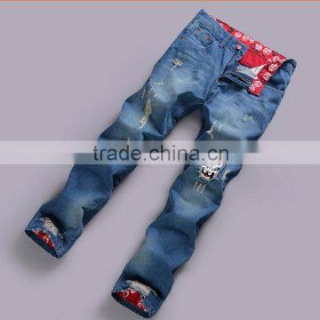 2015 Ripped Slim100% Cotton Jeans Top Fashion Men Designer Jeans Stock Men Stone Washing Hole Blue Jean Trouser With Opera Face photo-2